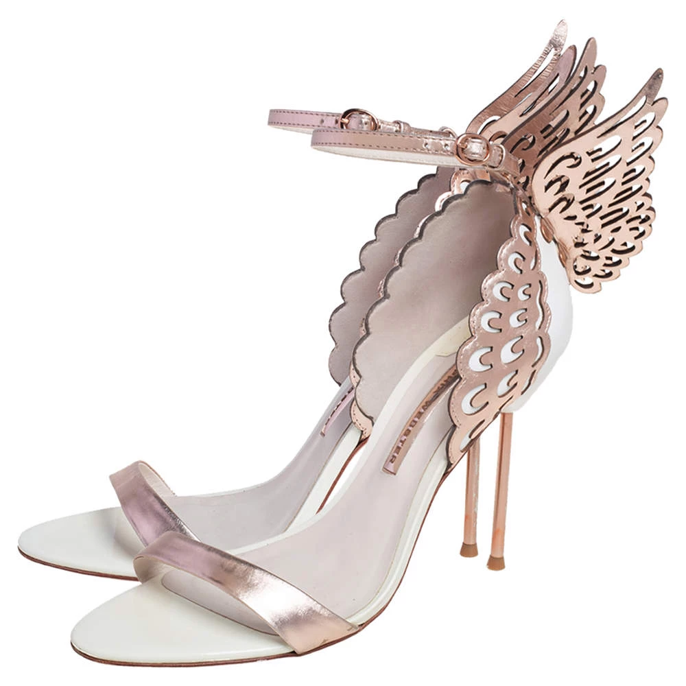Sophia Webster White/Rose Gold Leather Evangeline Laser Cut Angel Wing Ankle Strap Sandals Size 40.5 For Women - Image 4