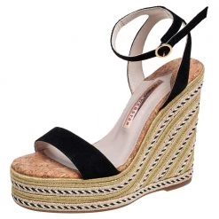 Sophia Webster Black/Gold Suede Lucita Espadrille Wedges Size 38.5 For Women