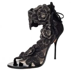 Sophia Webster Black Lace And Suede Winona Floral Embroidered Ankle Cuff Sandals Size 41 For Women
