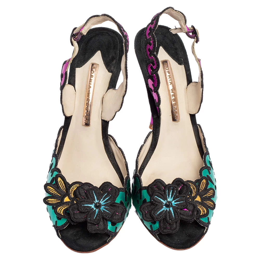 Sophia Webster Multicolor Suede And Coated Fabric Floral Applique Slingback Sandals Size 39 For Women - Image 3