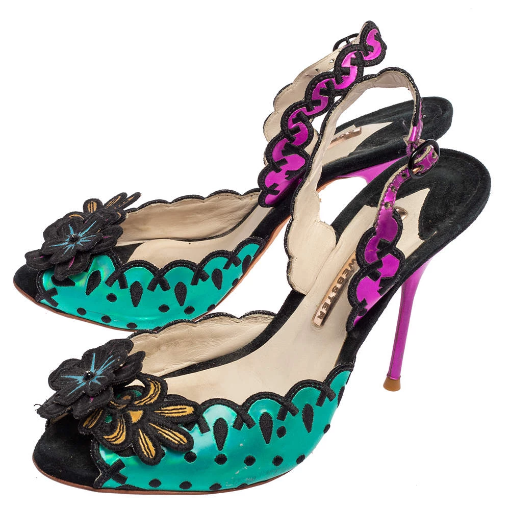 Sophia Webster Multicolor Suede And Coated Fabric Floral Applique Slingback Sandals Size 39 For Women - Image 4