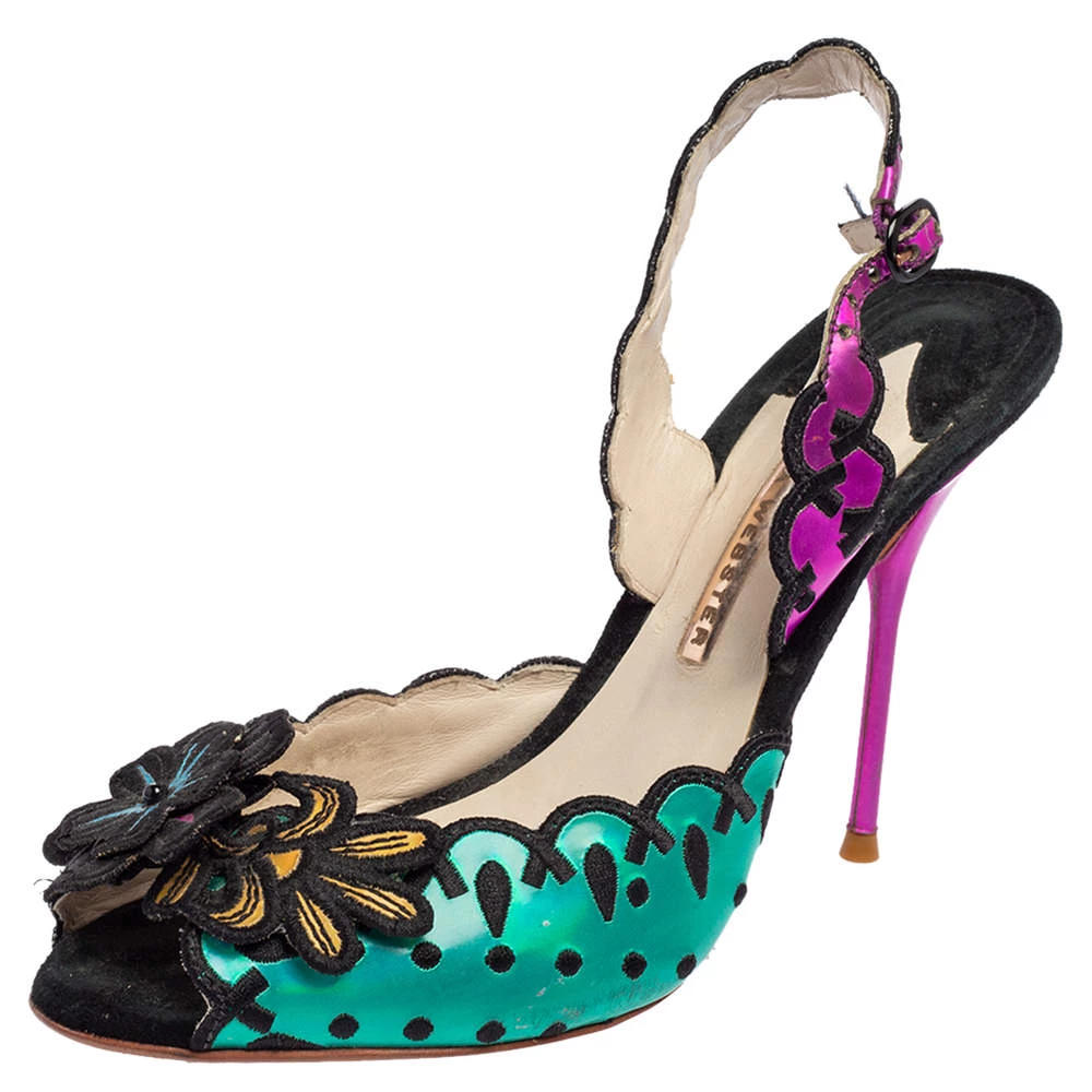 Sophia Webster Multicolor Suede And Coated Fabric Floral Applique Slingback Sandals Size 39 For Women
