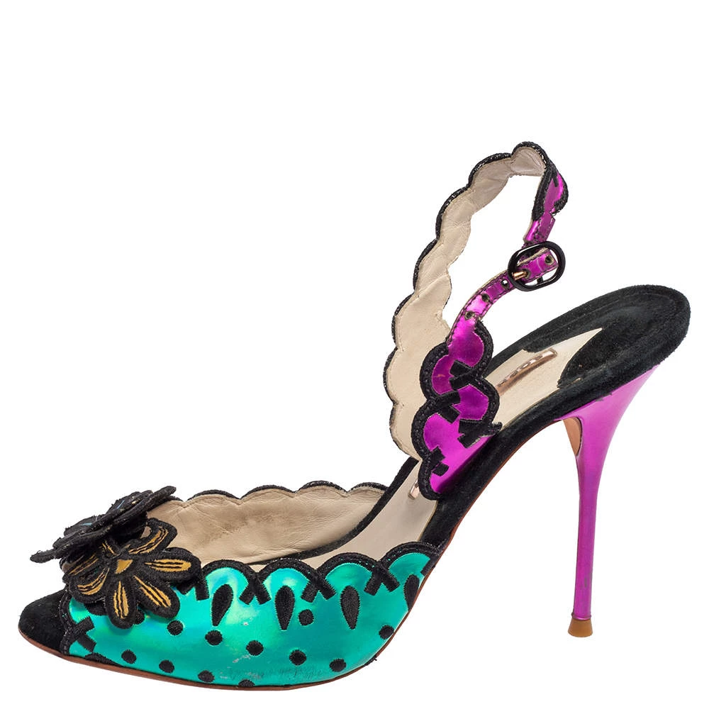 Sophia Webster Multicolor Suede And Coated Fabric Floral Applique Slingback Sandals Size 39 For Women - Image 2
