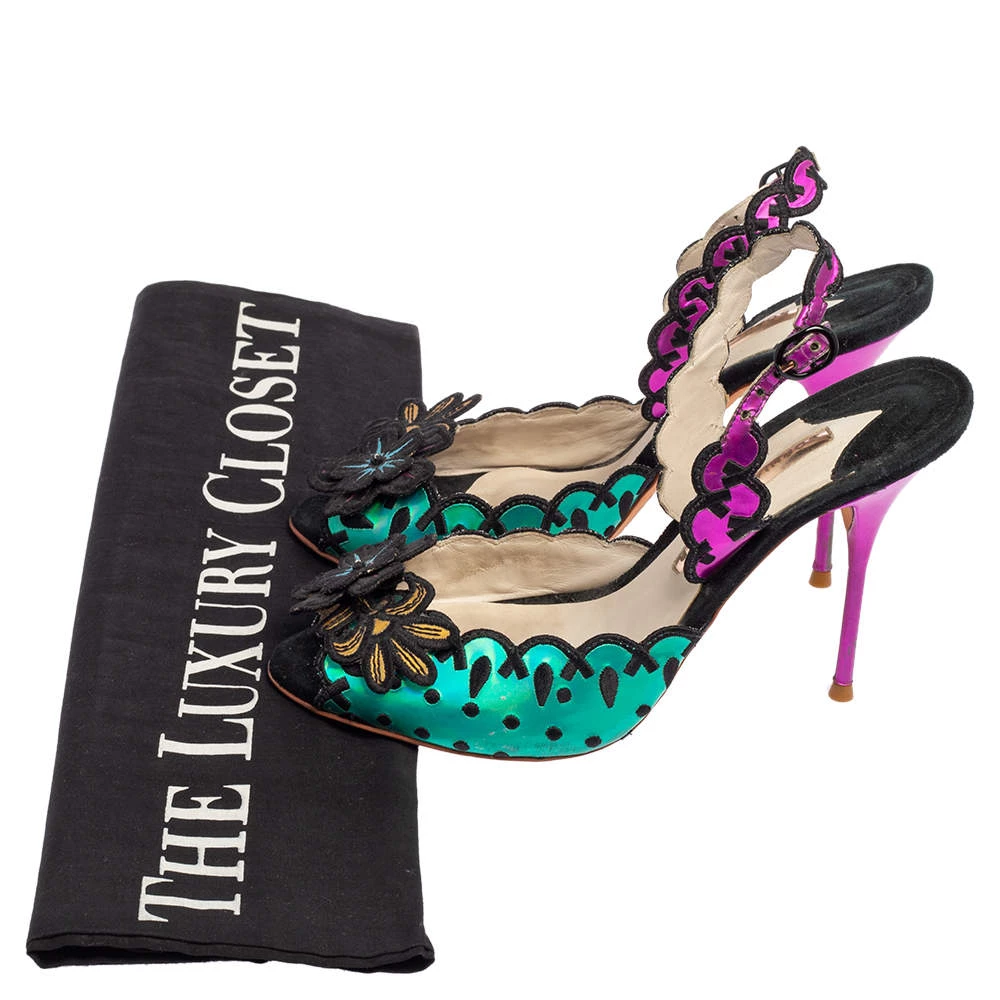 Sophia Webster Multicolor Suede And Coated Fabric Floral Applique Slingback Sandals Size 39 For Women - Image 8