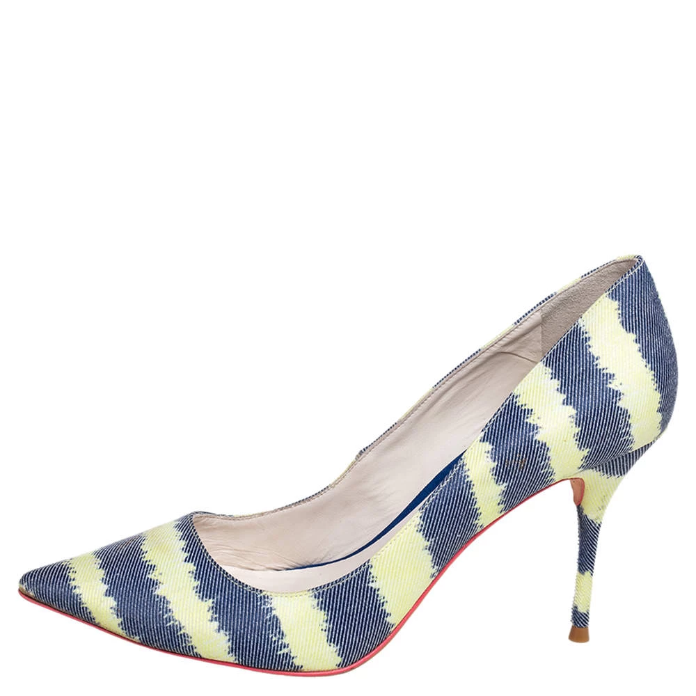 Sophia Webster Green/Blue Striped Denim Pointed Toe Pumps Size 38.5 For Women - Image 2