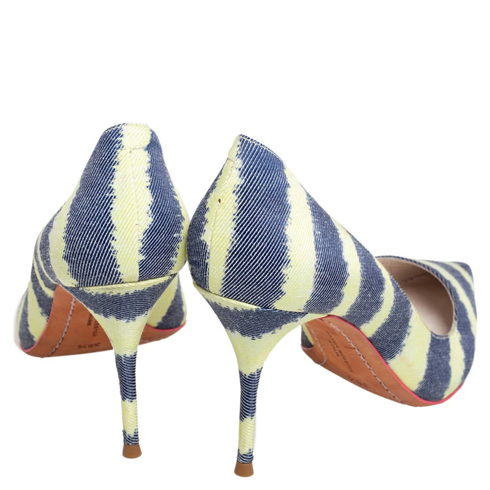 Sophia Webster Green/Blue Striped Denim Pointed Toe Pumps Size 38.5 For Women - Image 5