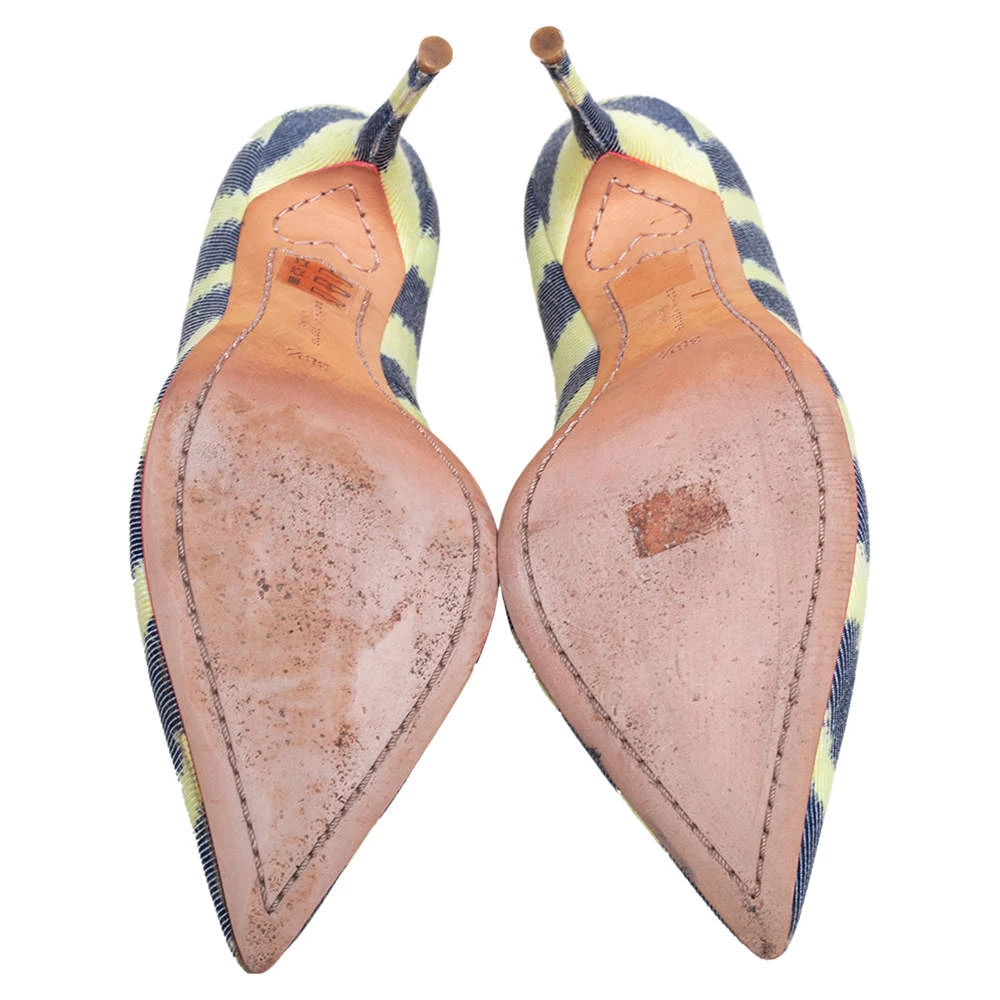 Sophia Webster Green/Blue Striped Denim Pointed Toe Pumps Size 38.5 For Women - Image 6