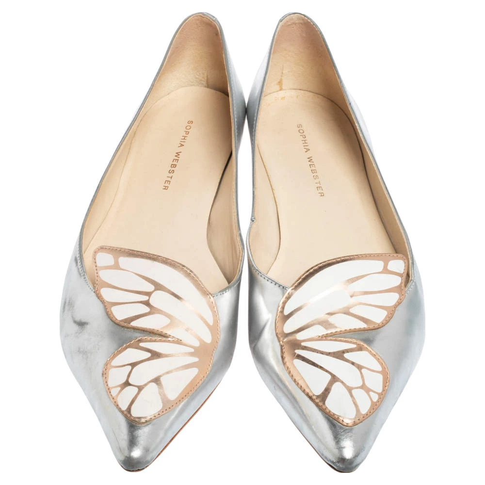 Sophia Webster Metallic Silver/Rose Gold Leather Bibi Butterfly Pointed Toe Ballet Flats Size 38 For Women - Image 3
