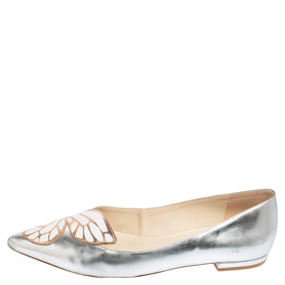 Sophia Webster Metallic Silver/Rose Gold Leather Bibi Butterfly Pointed Toe Ballet Flats Size 38 For Women - Image 2