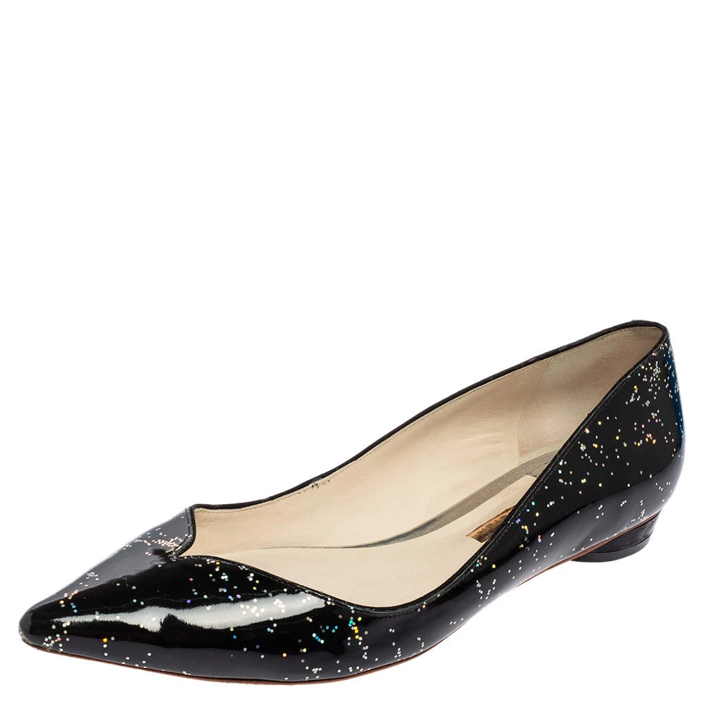 Sophia Webster Black Glitter Patent Leather Pointed Toe Ballet Flats Size 41 For Women