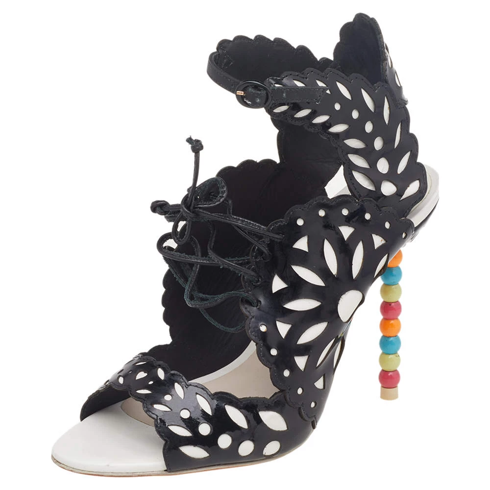 Sophia Webster Black/White Cut Out Patent Leather Keira Doily Sandals Size 37 For Women