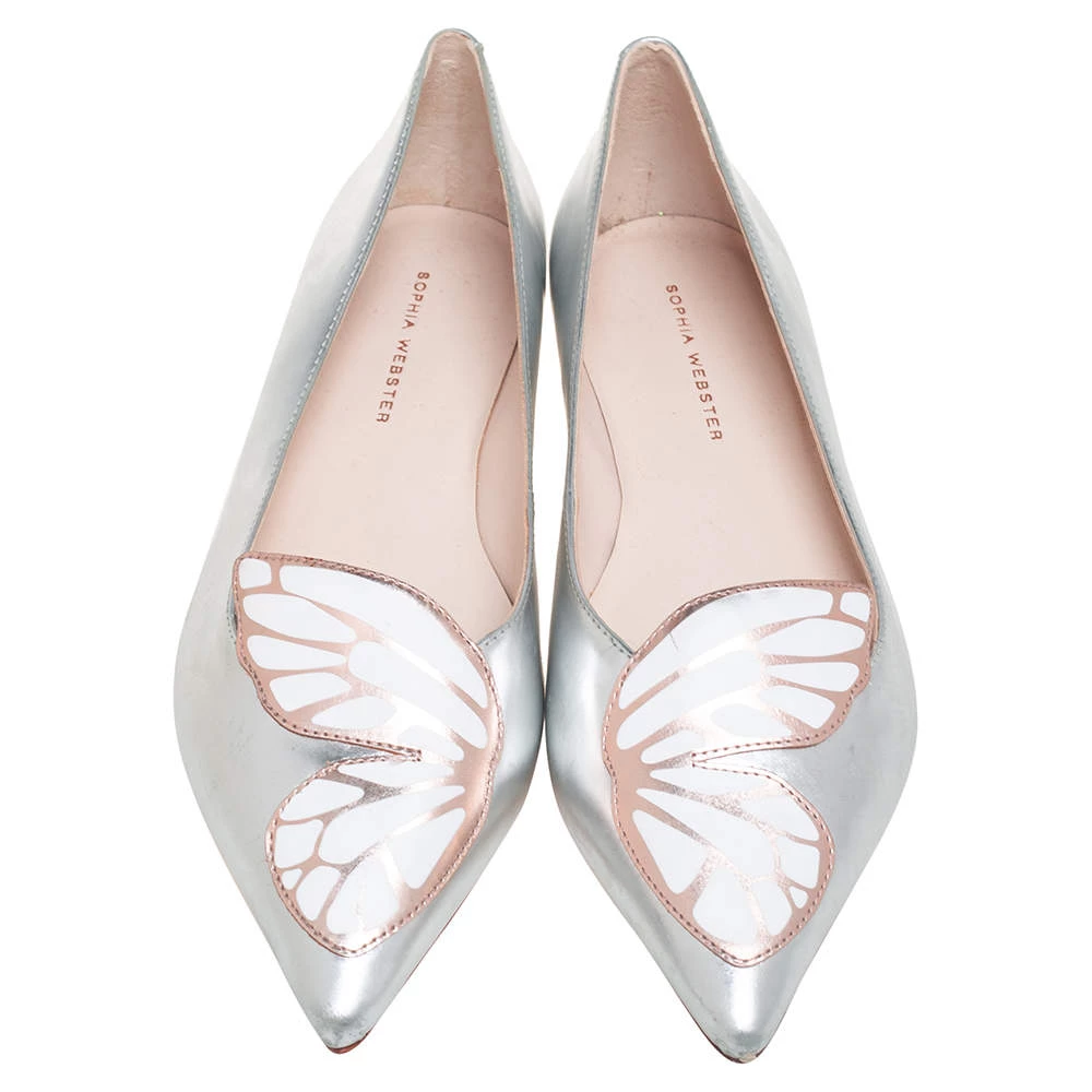 Sophia Webster Silver Leather Bibi Butterfly Pointed Toe Ballet Flats Size 38.5 For Women - Image 3