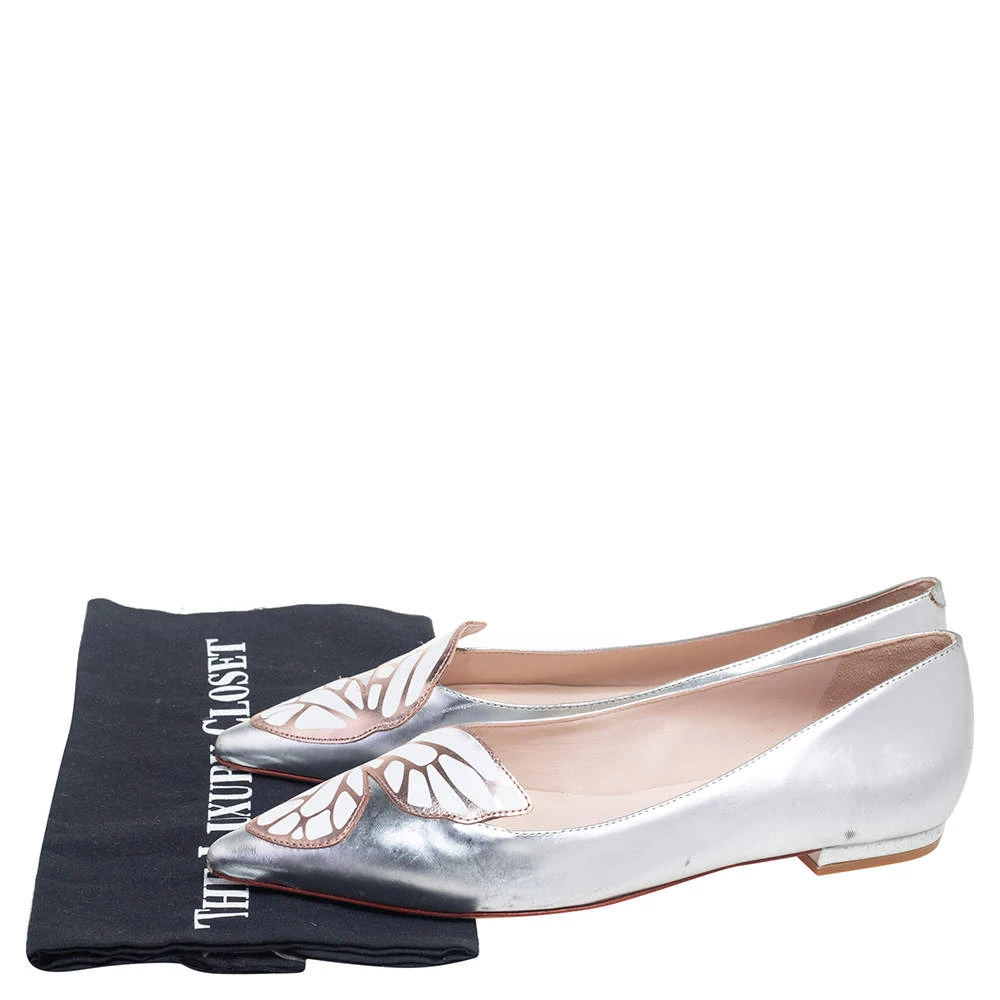 Sophia Webster Silver Leather Bibi Butterfly Pointed Toe Ballet Flats Size 38.5 For Women - Image 8