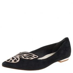 Sophia Webster Black Embroidered Suede Bibi Butterfly Pointed Toe Ballet Flats Size 38 For Women