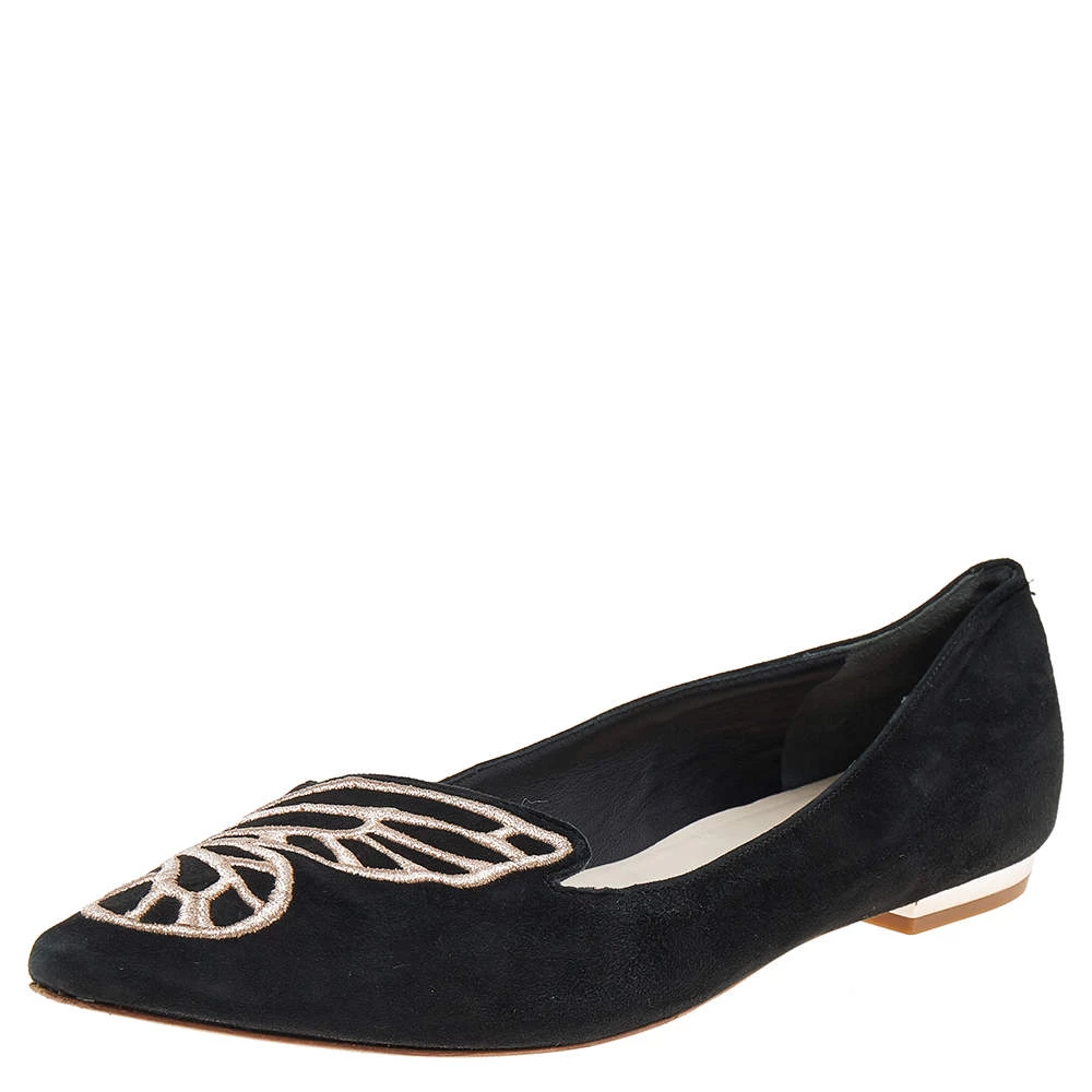 Sophia Webster Black Embroidered Suede Bibi Butterfly Pointed Toe Ballet Flats Size 38 For Women