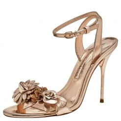 Sophia Webster Metallic Gold Leather Lilico Floral Embellished Slingback Sandals Size 38 For Women