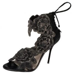 Sophia Webster Black Suede And Lace Winona Embroidered Ankle Cuff Sandals Size 37 For Women