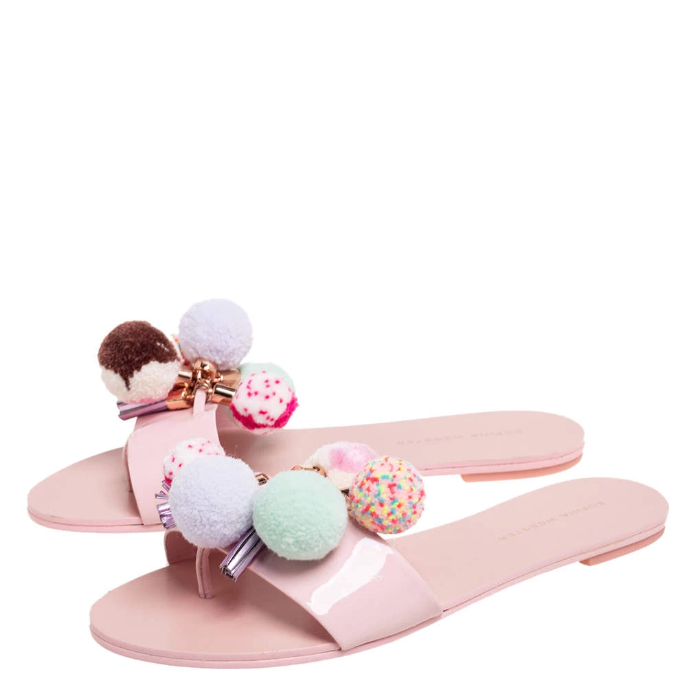 Sophia Webster Blush Pink Patent Leather Jada Pom Pom Flat Slide Sandals Size 39 For Women - Image 4