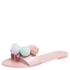 Sophia Webster Blush Pink Patent Leather Jada Pom Pom Flat Slide Sandals Size 39 For Women