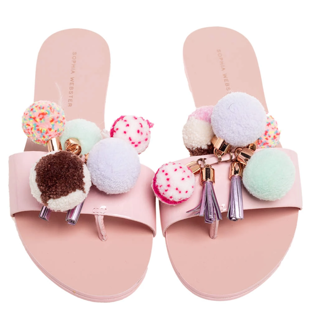 Sophia Webster Blush Pink Patent Leather Jada Pom Pom Flat Slide Sandals Size 39 For Women - Image 3
