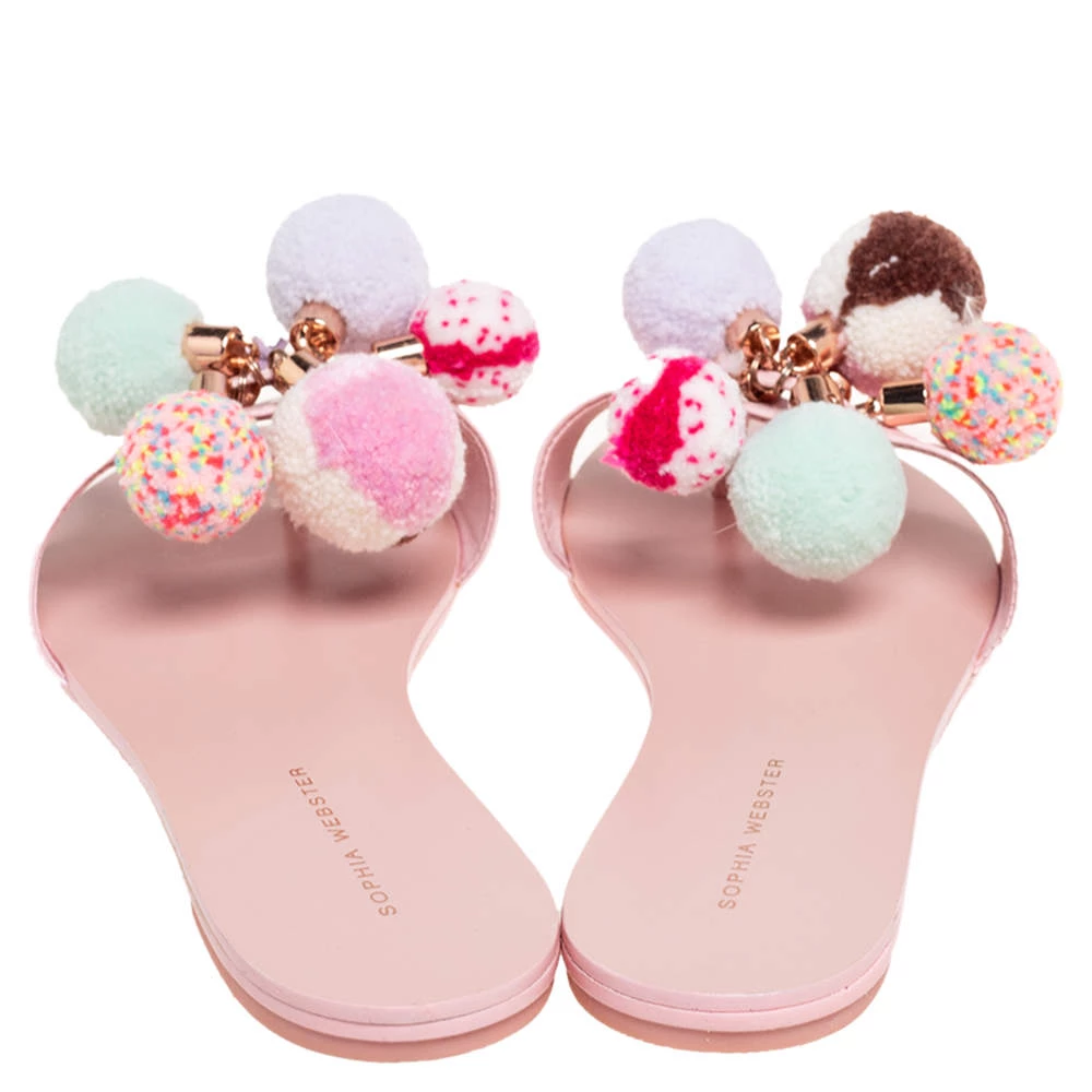 Sophia Webster Blush Pink Patent Leather Jada Pom Pom Flat Slide Sandals Size 39 For Women - Image 5