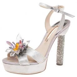 Sophia Webster Silver Velvet Glacia Embellished Platform Ankle Strap Sandals Size 40 For Women