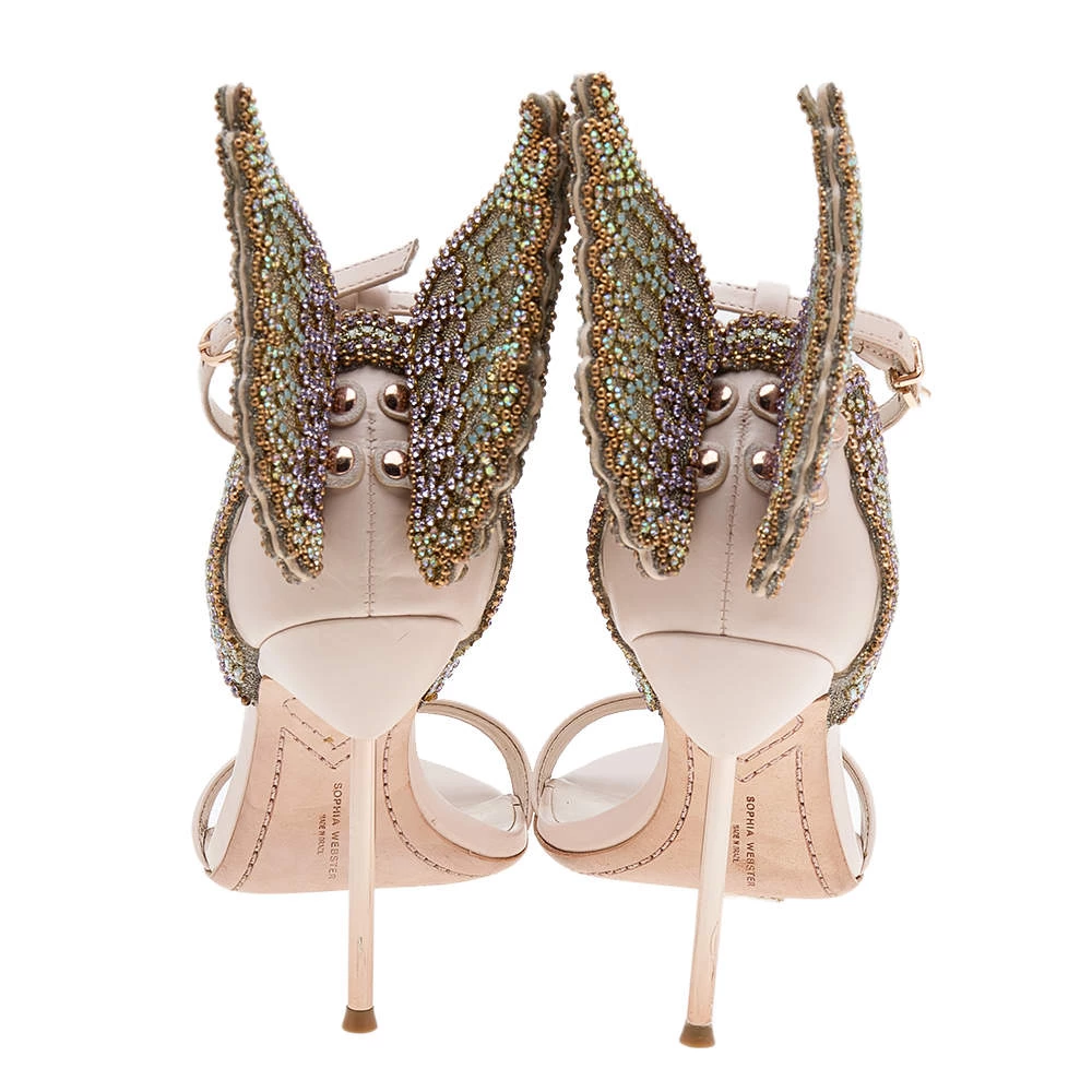 Sophia Webster Pink Leather Crystal Embellished Evangeline Open Toe Sandals Size 38 For Women - Image 5