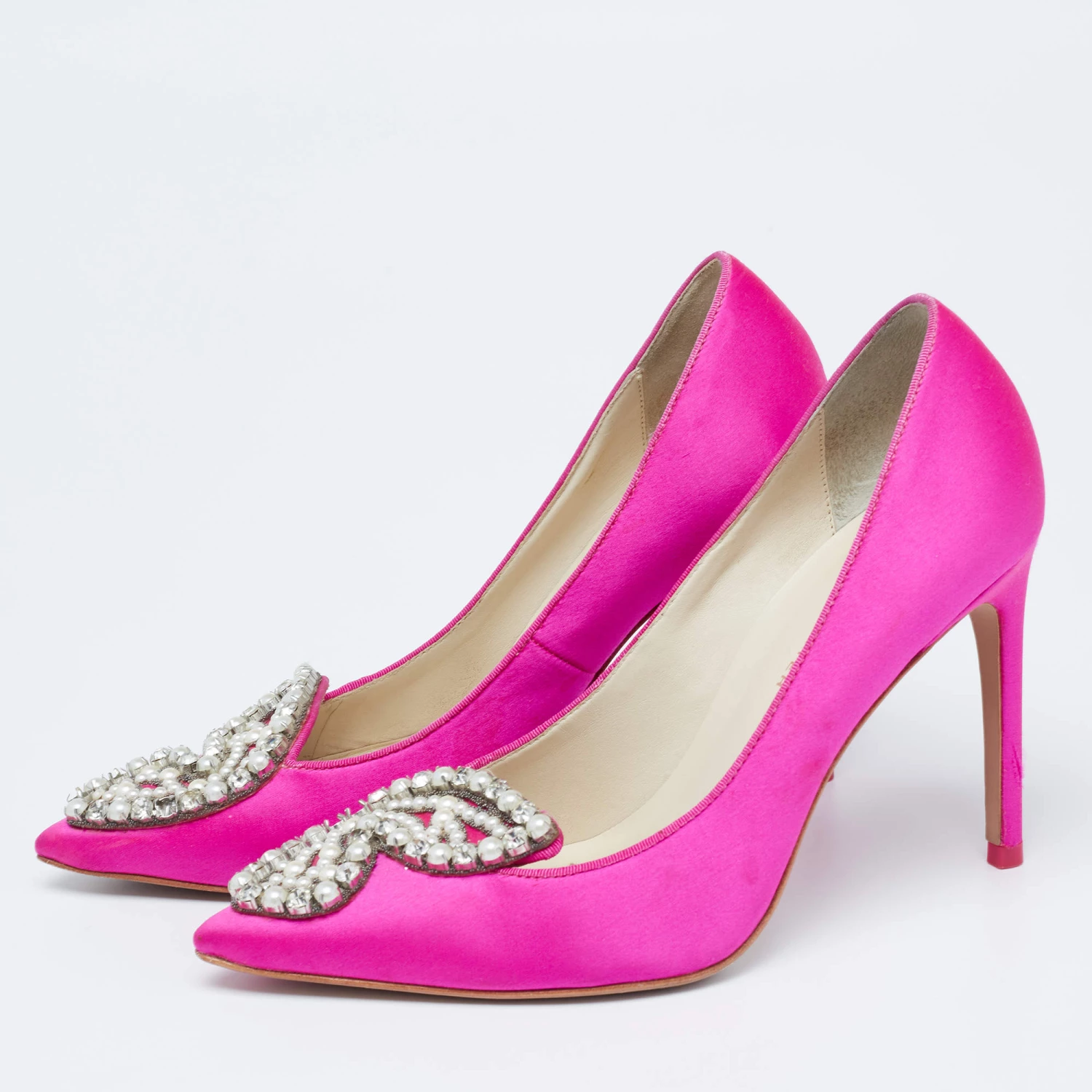 Sophia Webster Pink Satin Crystal Embellished Bibi Pumps Size 37.5 For Women - Image 2