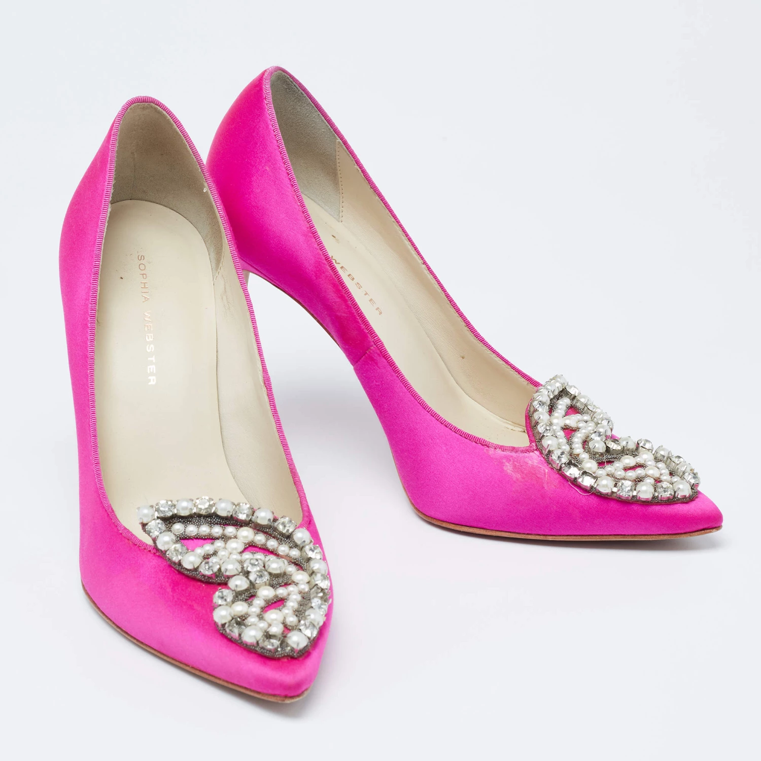 Sophia Webster Pink Satin Crystal Embellished Bibi Pumps Size 37.5 For Women - Image 4