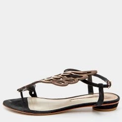 Sophia Webster Metallic Rose Gold/Black Leather And Suede Seraphina Angel Wing Flat Sandals Size 39.5 For Women