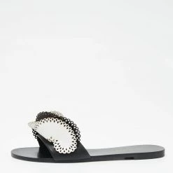 Sophia Webster Black/White Leather And Patent Laser Cut Soleil Flat Sandals Size 40.5 For Women