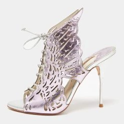 Sophia Webster Metallic Purple Laser Cut Foil Leather Cherub Winged Lace Up Mule Sandals Size 39 For Women