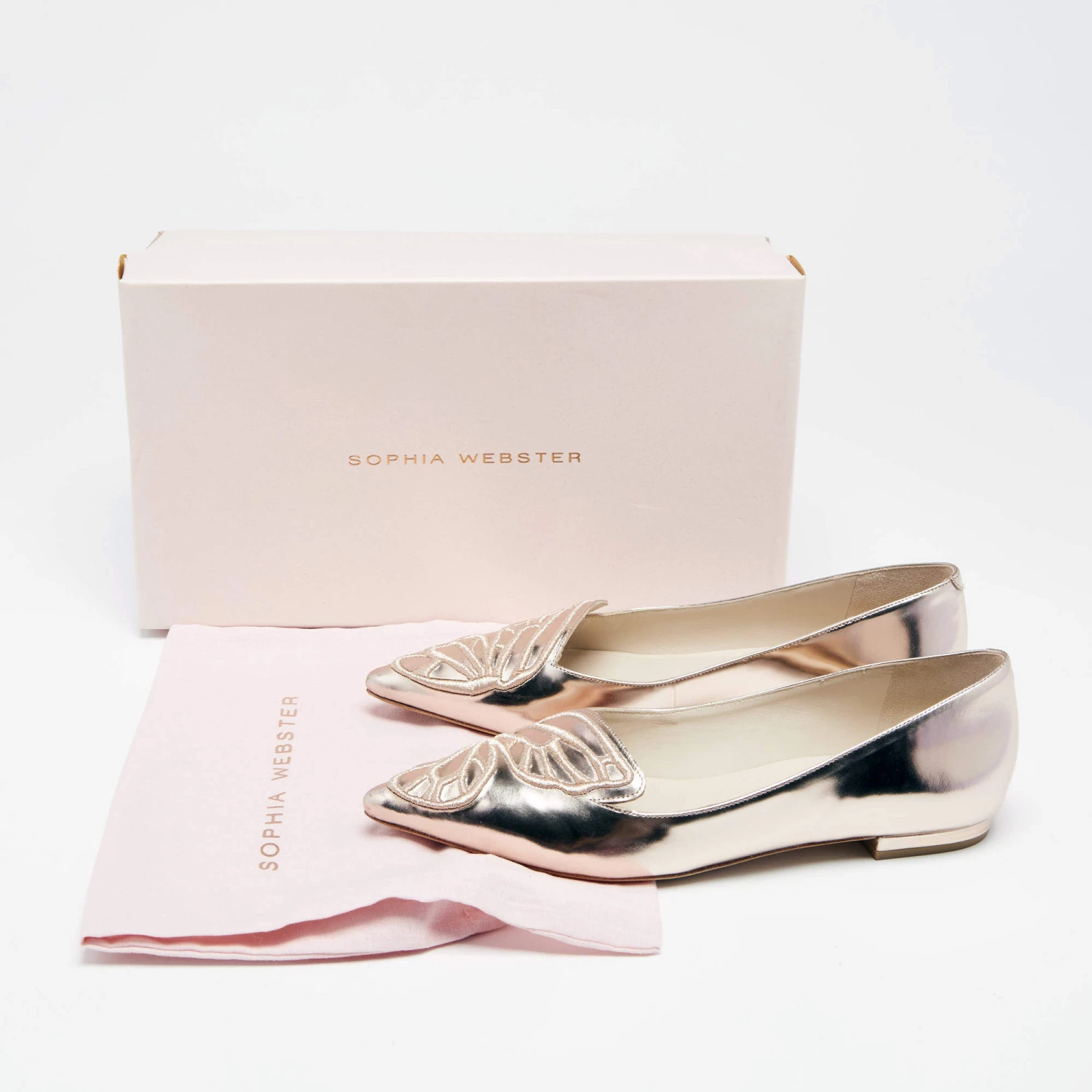 Sophia Webster Metallic Rose Gold Leather Bibi Butterfly Pointed Toe Ballet Flats Size 37.5 For Women - Image 9