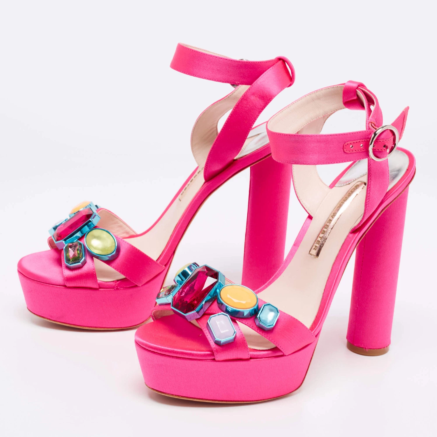 Sophia Webster Neon Pink Satin Crystal Embellished Amanda Platform Sandals Size 40.5 For Women - Image 2