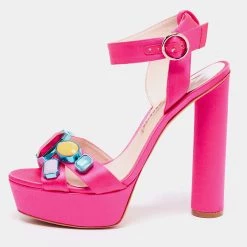 Sophia Webster Neon Pink Satin Crystal Embellished Amanda Platform Sandals Size 40.5 For Women
