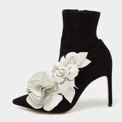 Sophia Webster Black Suede Jumbo Lilico Floral Applique Ankle Boots Size 36.5 For Women