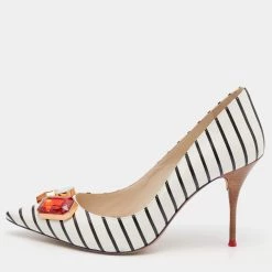 Sophia Webster Black/White Stripe Leather Lola Gem Pointed Toe Pumps Size 40 For Women