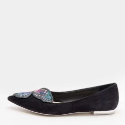 Sophia Webster Black Suede Bibi Butterfly Pointed Toe Ballet Flats Size 38 For Women