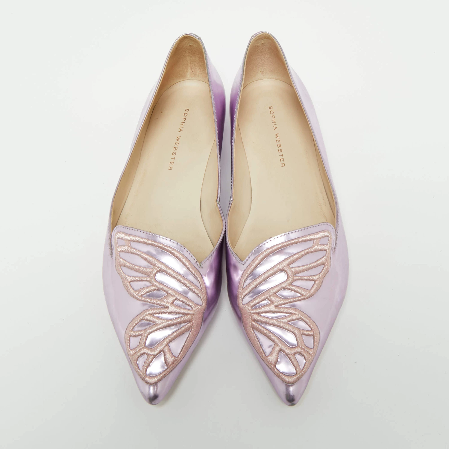 Sophia Webster Metallic Pink Patent Bibi Butterfly Pointed Toe Ballet Flats Size 37 For Women - Image 3