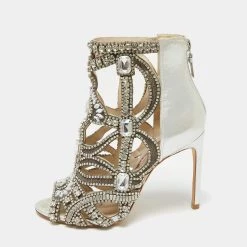 Sophia Webster Silver Fabric And Leather Crystal Embellished Iridessa Caged Booties Size 36 For Women