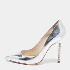 Sophia Webster Silver Patent Leather Coco Crystal Embellished Heel Pointed Toe Pumps Size 37 For Women
