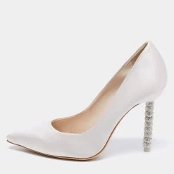 Sophia Webster White Satin Coco Crystal Embellished Heel Pumps Size 35 For Women