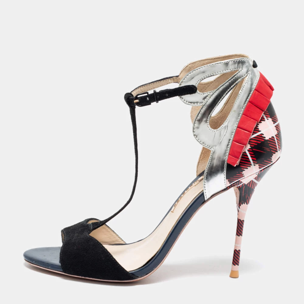 Sophia Webster Multicolor Suede And Leather Check Print Pleated Detail T-Strap Sandals Size 39 For Women