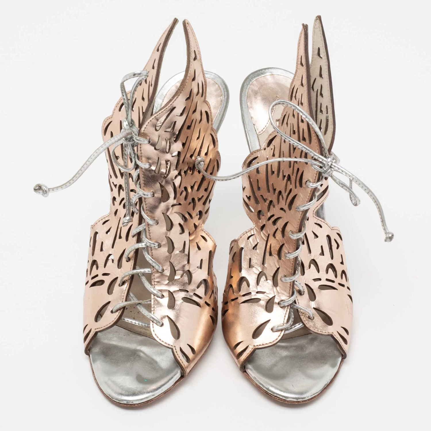 Sophia Webster Rose Gold Laser Cut Leather Cherub Lace-Up Open Toe Mules Size 38 For Women - Image 3